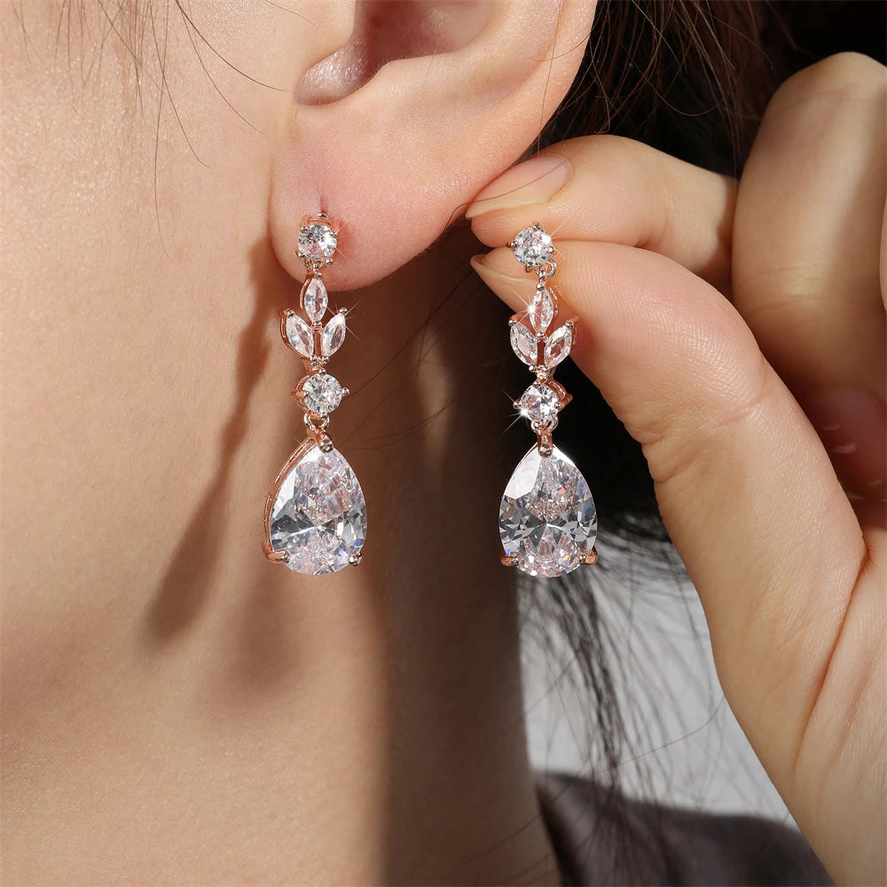 ZAKOL Fashion Trendy Water Drop AAA Cubic Zircon Leaf Dangle Earrings Shining Clear CZ Elegant Bridal Earring Jewelry