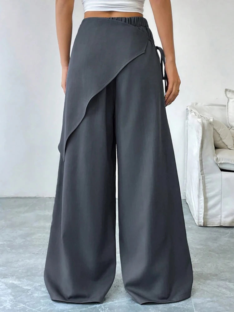 Elegant Irregular Suit Pants for Women High Waist Loose Wide Leg Pants Asymmetrical Lace Up Trousers Elastic Waist Casual Pants