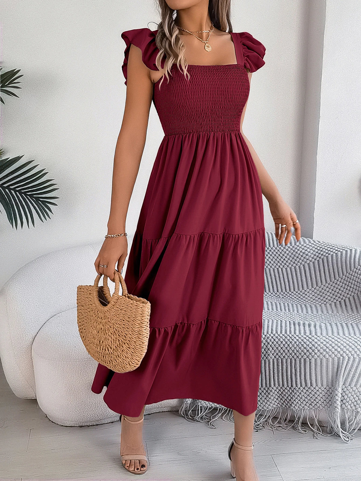 Spring Summer Solid Color Edible Tree Fungus Edge Square Neck Sleeveless Holiday Dress Elegant Long Dresses for Women Rose Blue
