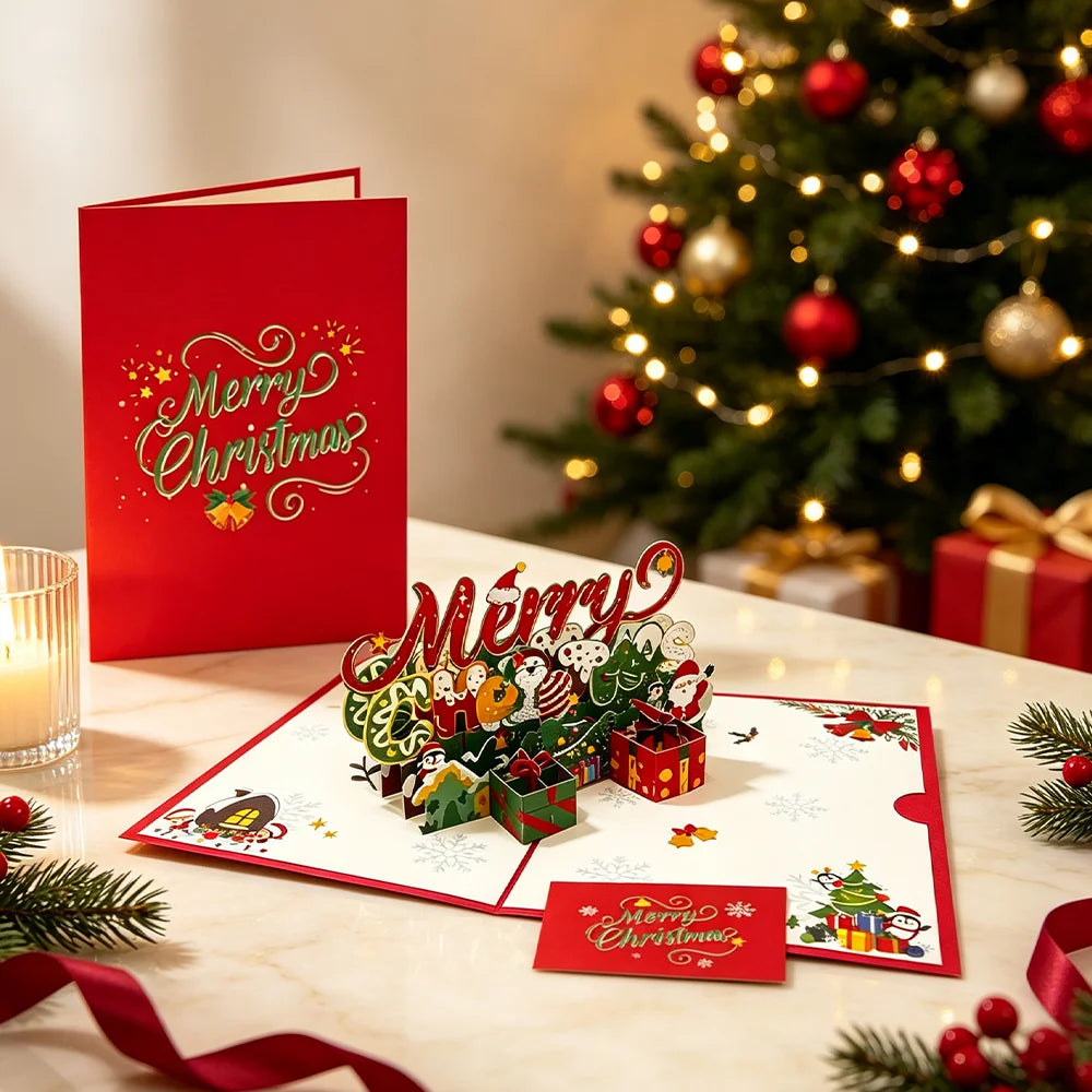 Christmas 3D Pop‑Up Greeting Card,Handmade Festive Xmas Pop‑up Card with Envelope,Merry Christmas Holiday Blessing Card forParty