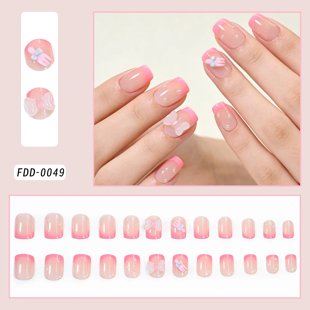 24Pcs Lace Bow Wearable Press on Nails with Diamond Design Red Medium Almond False Nails for Women Full Cover Fake Nail Tips