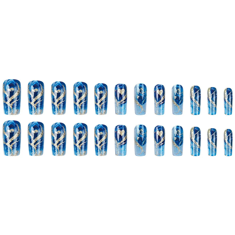24pcs/set Medium long fake nails yellow dragon flowers feather design for Spring summer Square almond tips press on false nail
