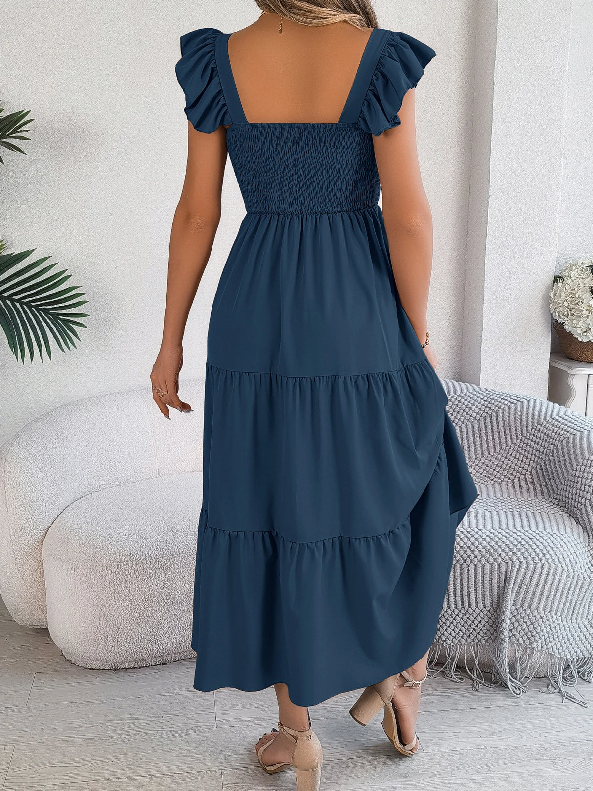 Spring Summer Solid Color Edible Tree Fungus Edge Square Neck Sleeveless Holiday Dress Elegant Long Dresses for Women Rose Blue