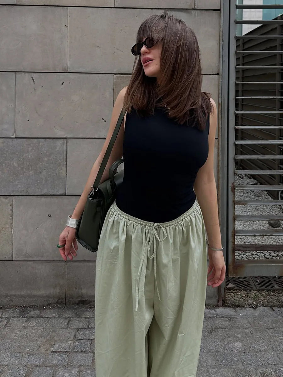 Y2k Fashion Pocket Bloomers Female Trousers Wide Leg Women Pants Pleated Loose High Waist Patchwork Bandage Streetwear