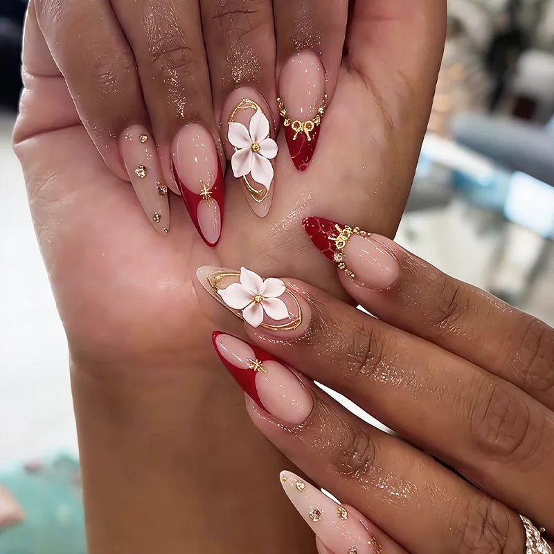 24Pcs French Flowers Pattern Almond Simple False Nails Set with Gloden Stripes Designs Detachable Finished Nails with Jelly Glue