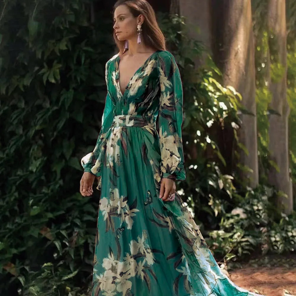 BKLD Flower Printed Long Sleeve V-Neck A-Line Dress 2026 Summer Woman Clothing Elegant Party Birthday Wedding Guest Dresses
