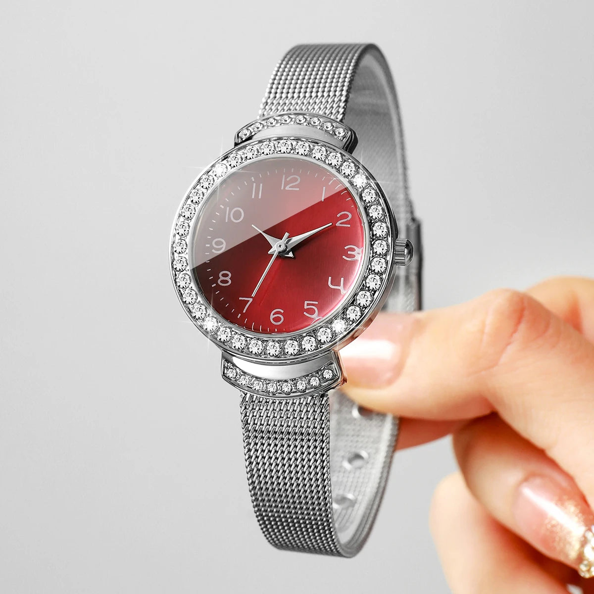 Fashion Rhinestone Red Dial Women Quartz Watch Silvery Mesh Strap Ladies Dress Wristwatches Clock Relogio Feminino（Without Box）