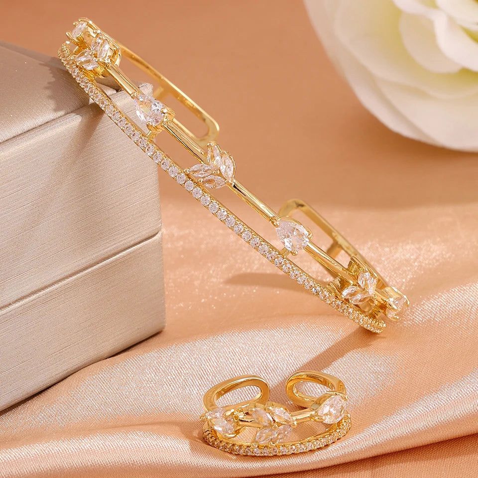 ZAKOL Women Fashion CZ Flower Leaf Open Cuff Bracelet Ring Set Cubic Zirconia Adjustable Bangle Ring Wedding Party Jewelry Set
