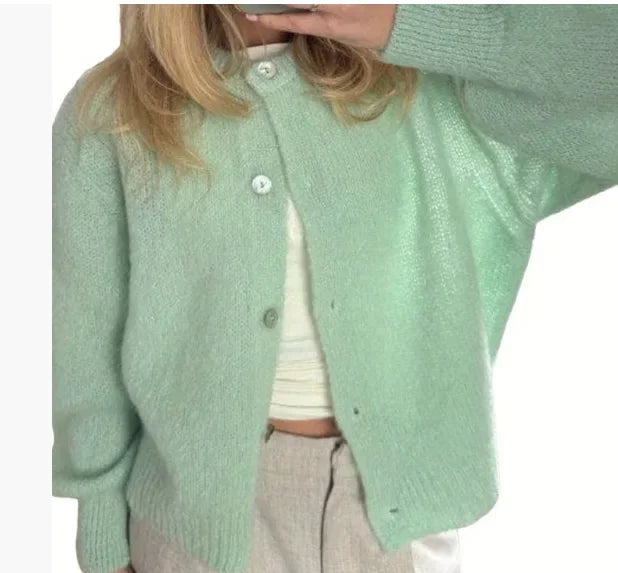 Women Mohair Knit Cardigan O Neck Elegant Lantern Long Sleeve Oversized Loose Fluffy Sweater Coat Autumn Winter Casual Knitwear