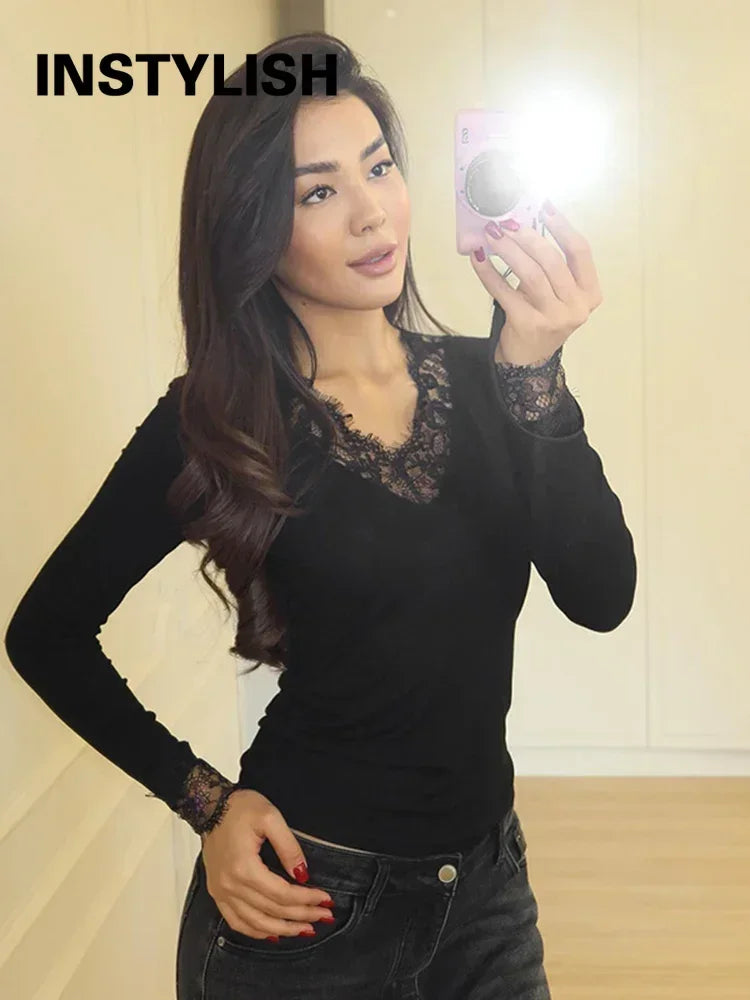 Women Lace Patchwork V Neck Long Sleeve T Shirt Ribbed Slim Fit Basic Undershirt Elegant Lace Trim Cuff Stretch Base Layer Tops