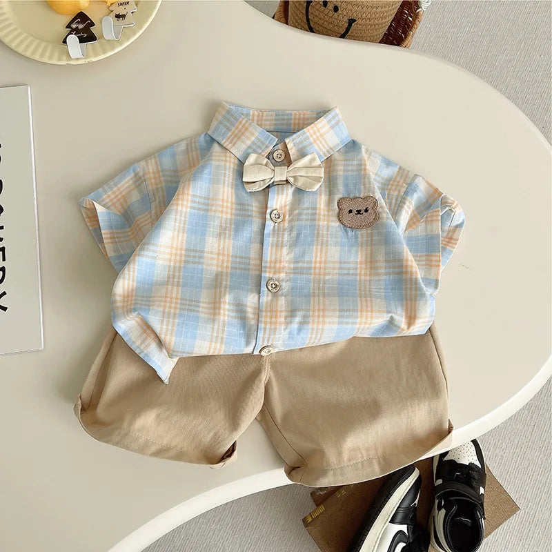 Fashion Summer Baby Boys Girl Clothes Suit Children Grid Bow Tie T-Shirt