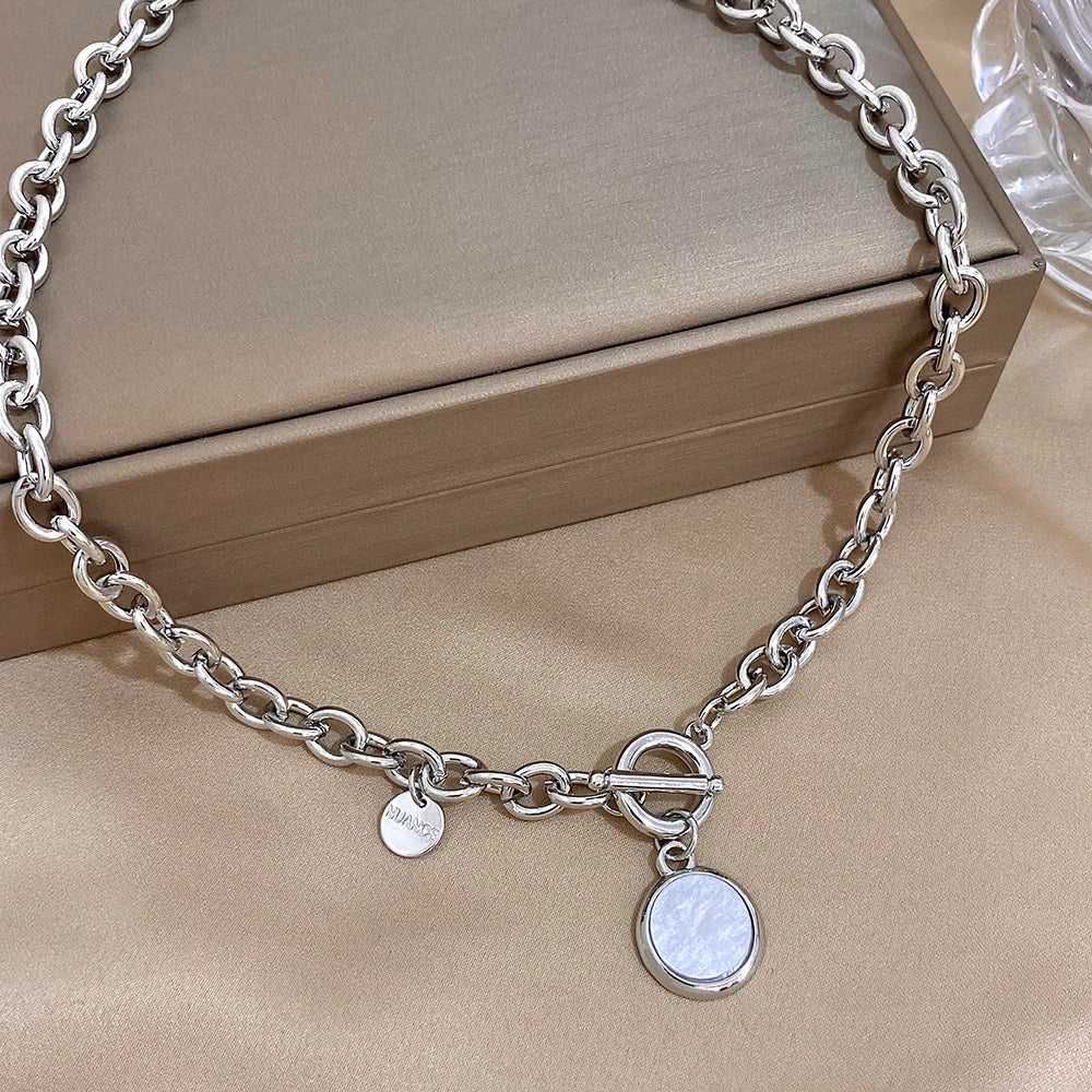 Flashbuy Trendy White Round Pendant Necklace for Women Girls Statement Silver Color Thick Chain Necklace Fashion Jewelry