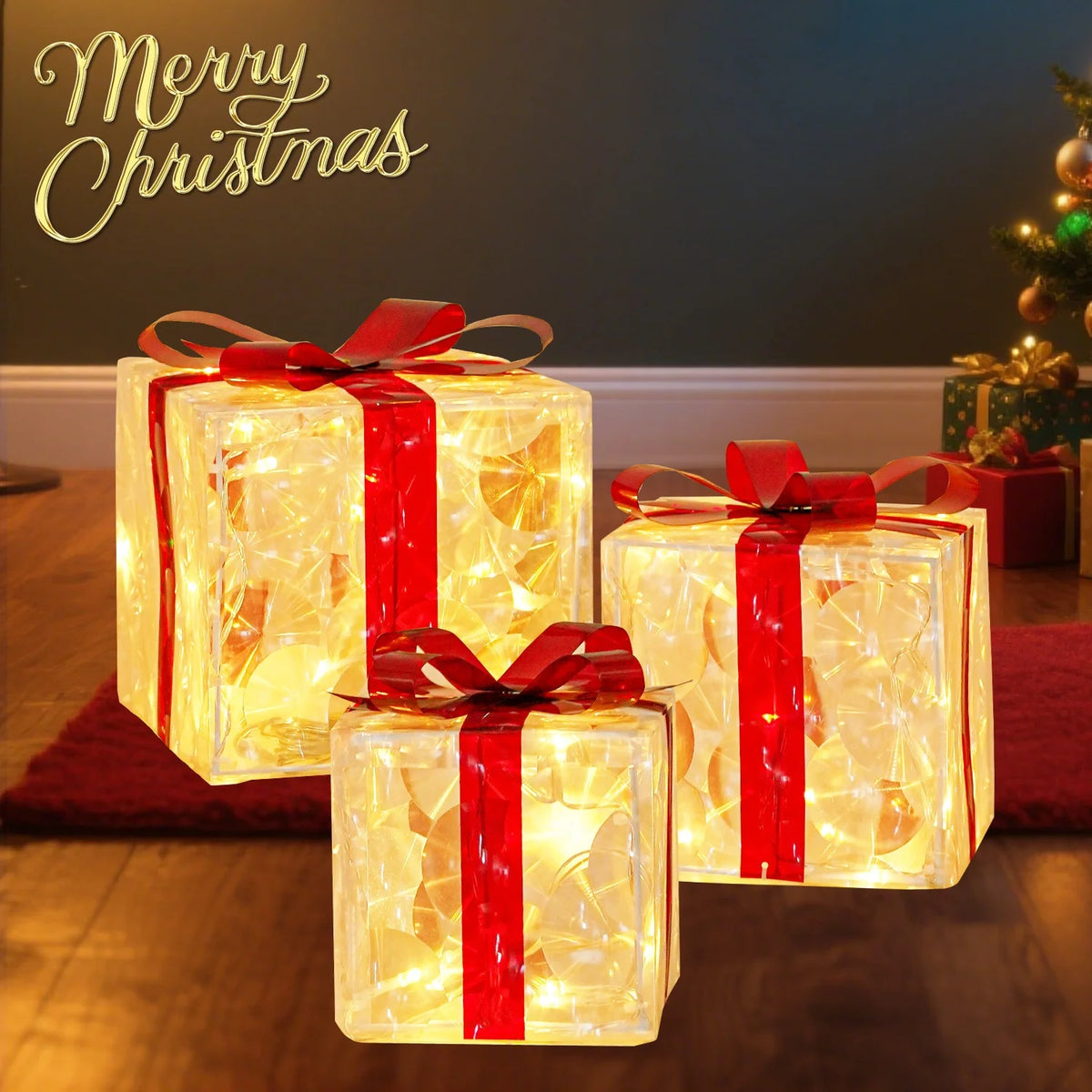 Set of 3 Christmas Lighted Gift Boxes Decorations Presents Boxes Christma Ornaments for Xmas Tree Yard Home Indoor Outdoor