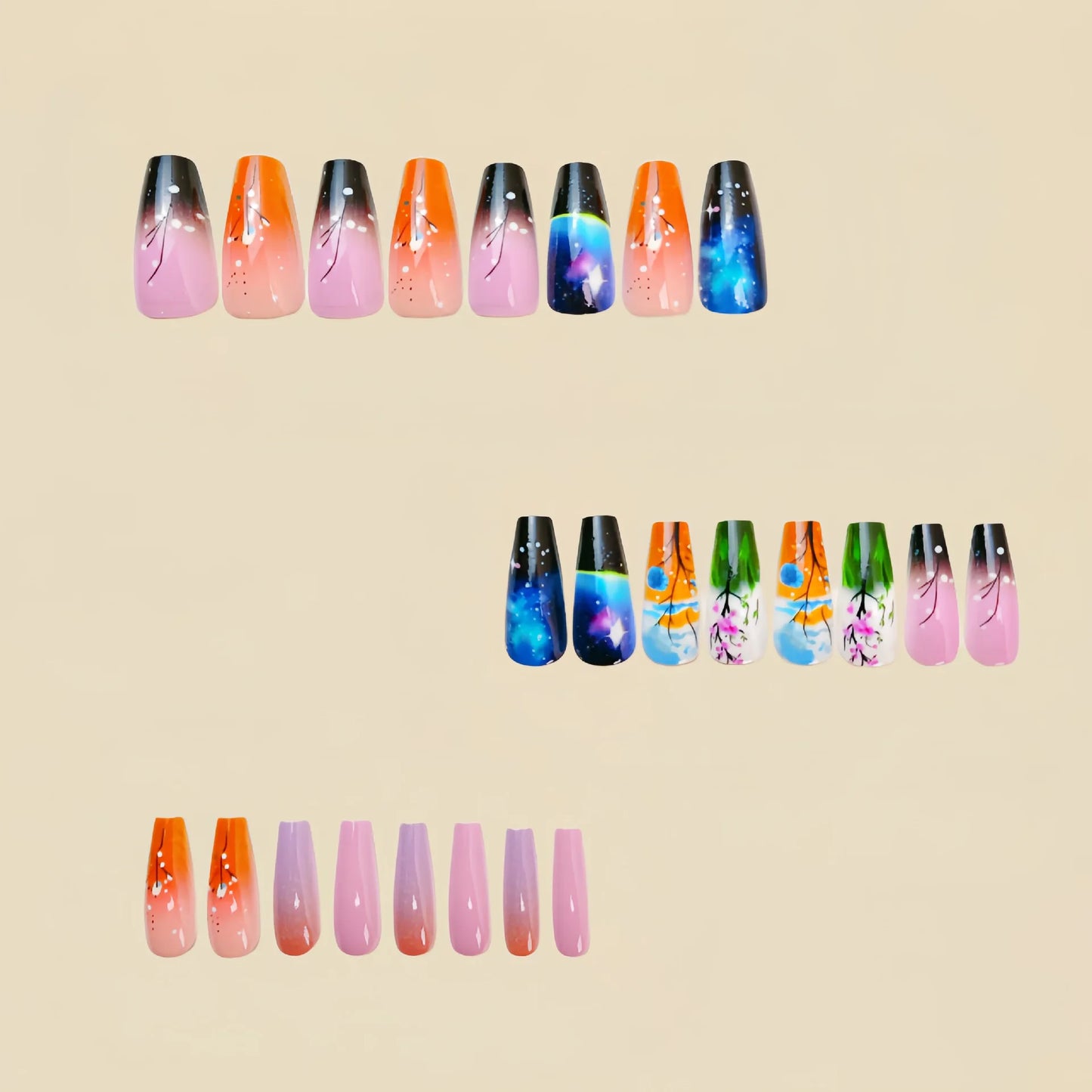 24pcs/set medium long fake nails square ballet nail tips glitters starry sky moon star feather design press on false nail art