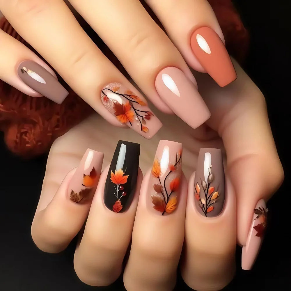 Medium long fake nails for women gilrs gradient brown coffee flora leaf design reusable full over press on Artificial Nails set