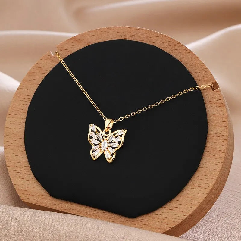 Fantastic Crystal Gold-Color Butterfly Necklace For Women Rhinestone Symmetrical Pendant Accessories Party Jewelry Gifts