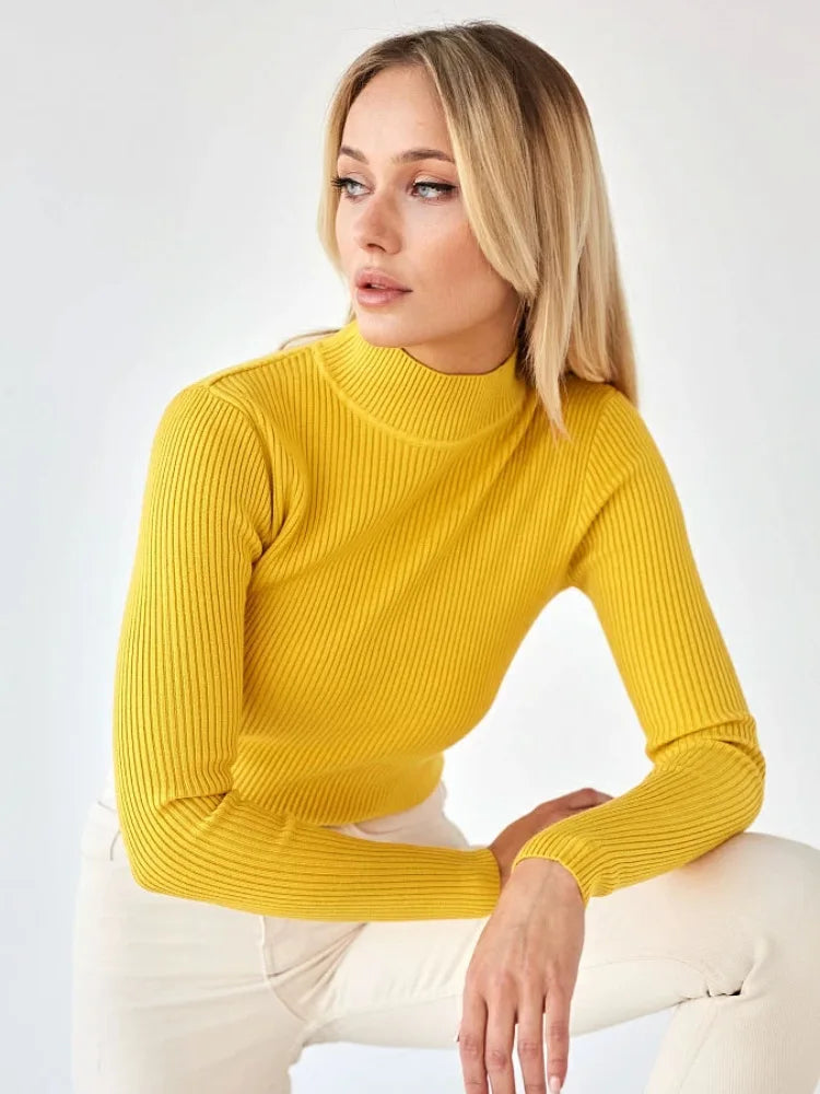 Women's Elegant Knitted Pullover Sweater Vintage Half High Neck Solid Tops Casual Slim Fit Sweaters Autumn Winter Basic Knitwear