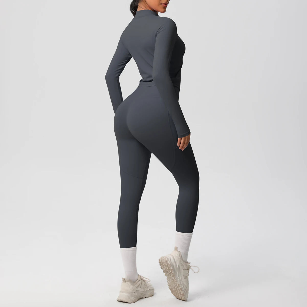 2PCS Yoga Suit Women Gym Set Leggings With Pocketed Women Tracksuit Running Zipper Workout Sportswear Long Sleeve Sports Shirt