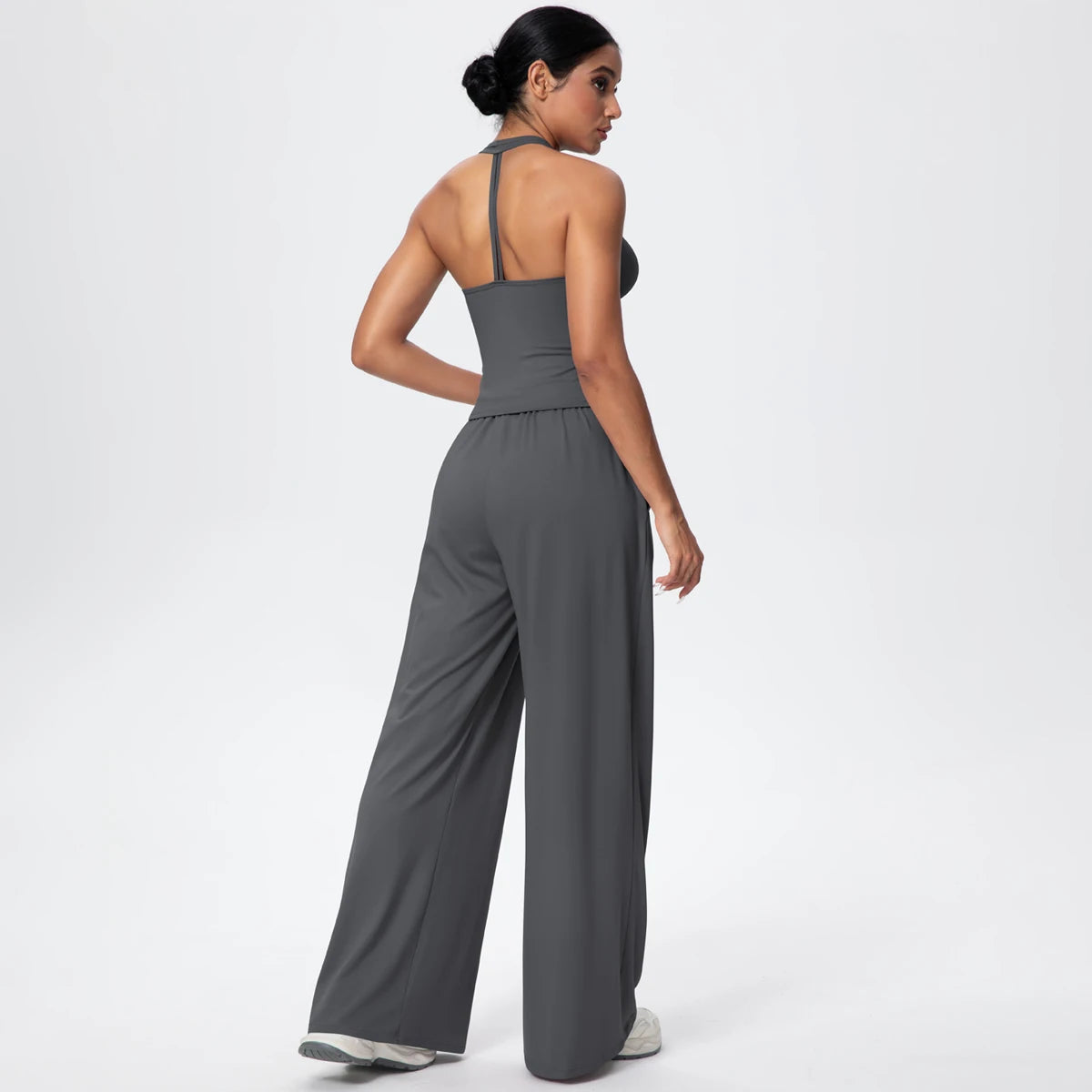 Breathable Loose Wide Leg Pants and Yoga Vest Set Solid Color High Stretch Pockets Pants Beautiful Back T-shaped Vest Yoga Suit