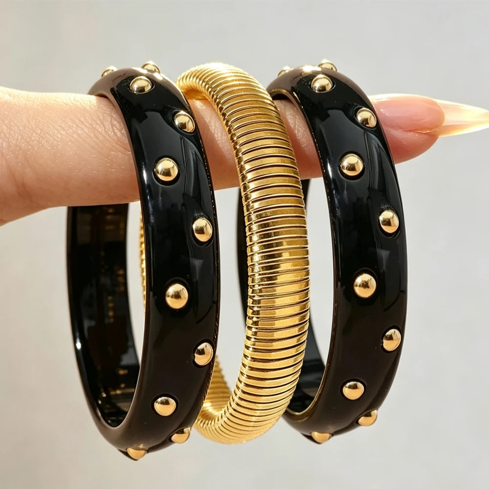 ZAKOL 3pcs/set Fashion Punk Gothic Style Stainless Steel Resin Stacked Bracelets Personalized Wide Bangle Party Daily Jewelry