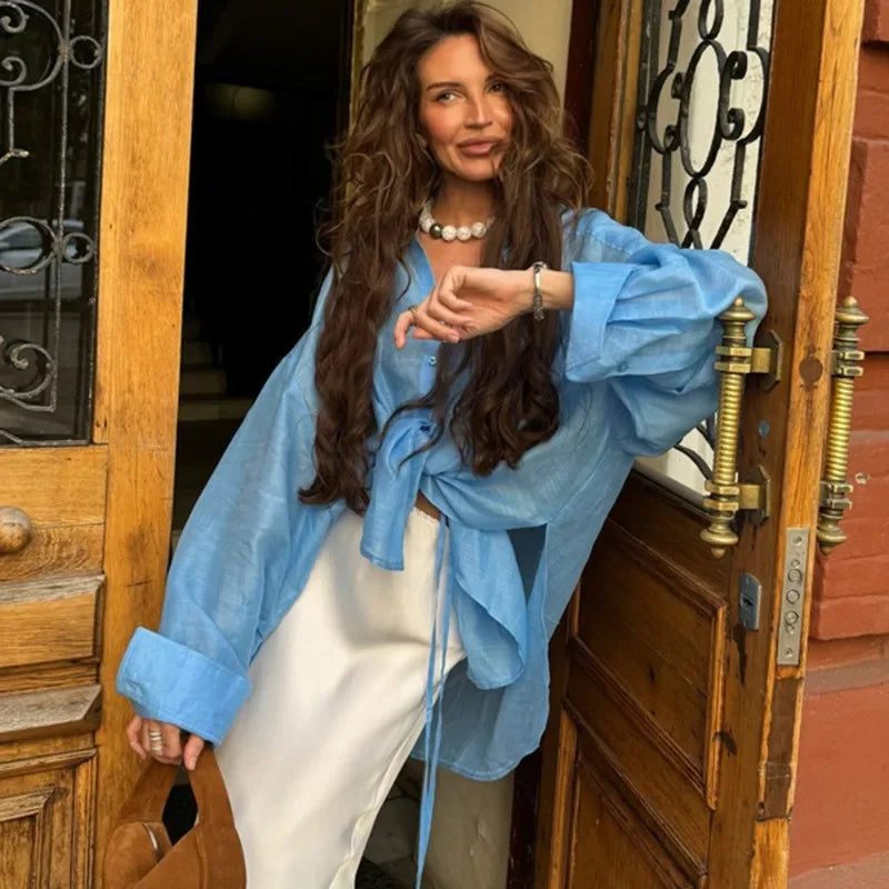 Casual Loose Solid See Through Blue Blouse For Women Sexy Lapel Long Sleeve Classic Shirt 2026 New Autumn Commuter Female Tops