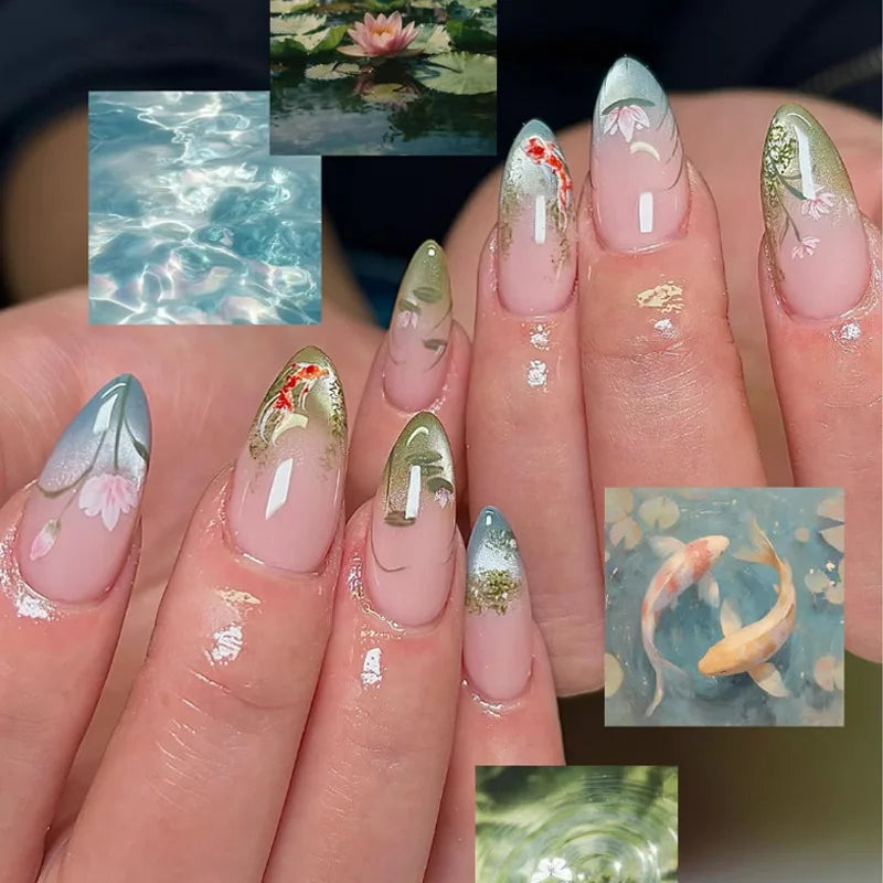 24Pcs Autumn Winter Matte Almond False Nails with Glue Rose Leaf Printing Nail Art Simple Full Cover Press on Acrylic Nails Tips