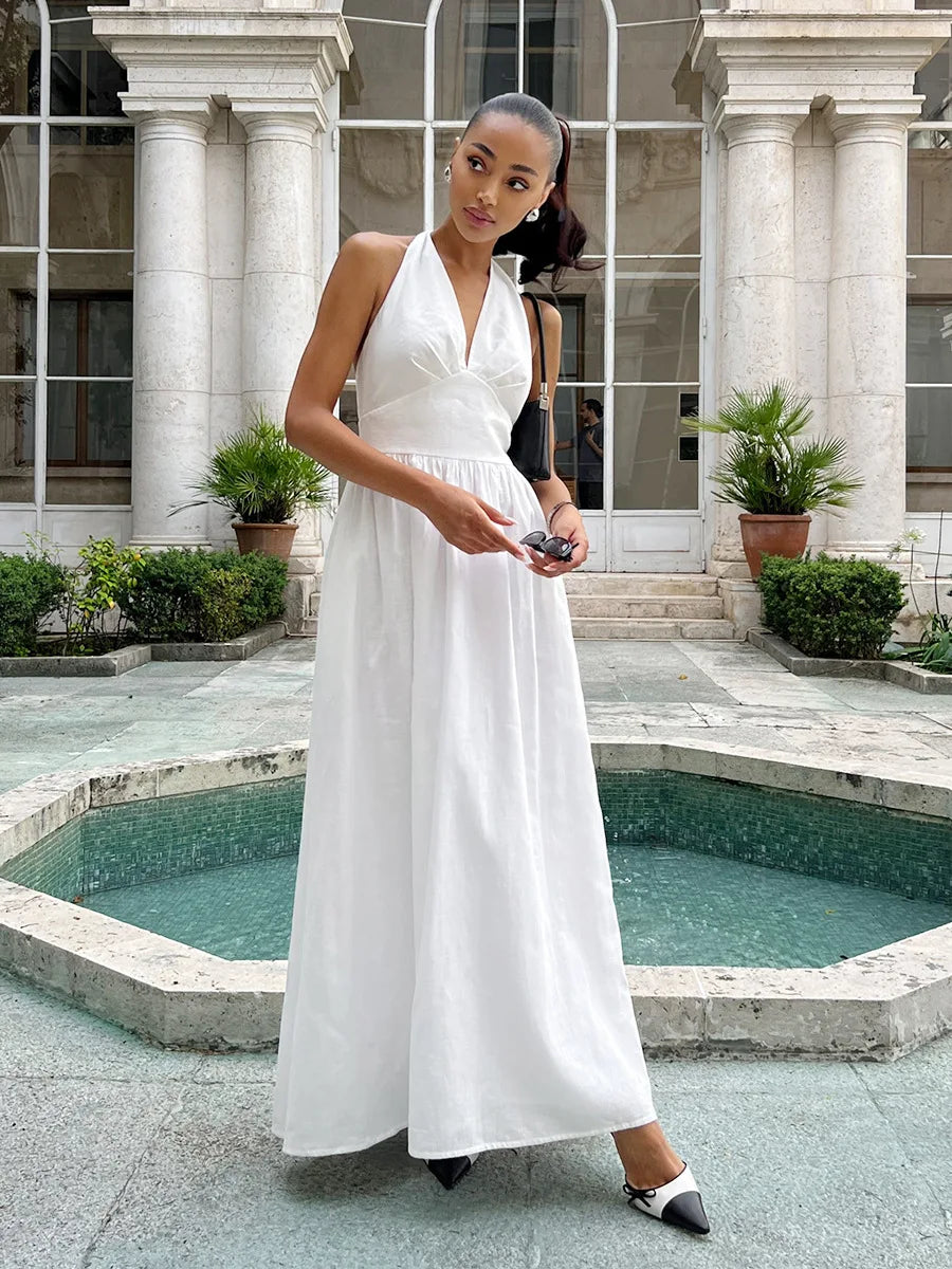 BKLD Pure Cotton Long Dresses 2026 Spring Summer High Waist V-Neck Lace-Up Maxi Dress Party Clubwear Solid Color Women Clothing