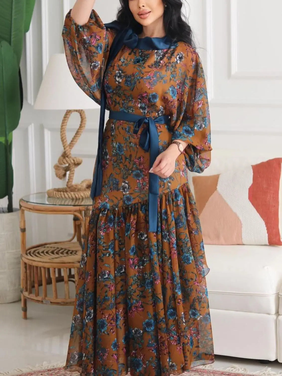 BKLD O-Neck Long Sleeve Dress 2026 Spring Summer Clothes For Women Sexy Chiffon Fashion Printed Lace-Up Evening Party Dresses