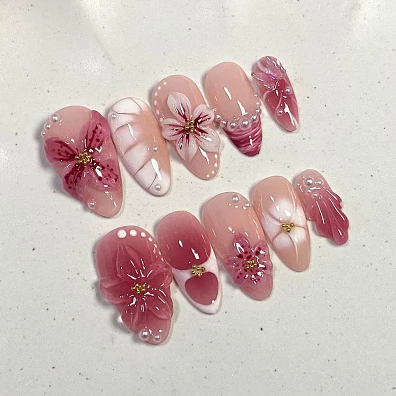 24Pcs Mid-length 3D Flowers Design Fingertips Sweet Butterfly Yellow Ripple Almond False Nails Detachable Full Cover Press Ons