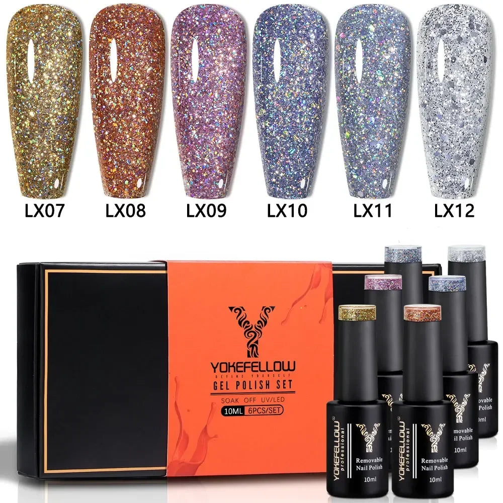 YOKEFELLOW 6Set Blue Gel Nail Polish Sky Blue Glitter Gel Nail Vernis Semi Permanent Soak Off UV Manicure Gift for Girls Women