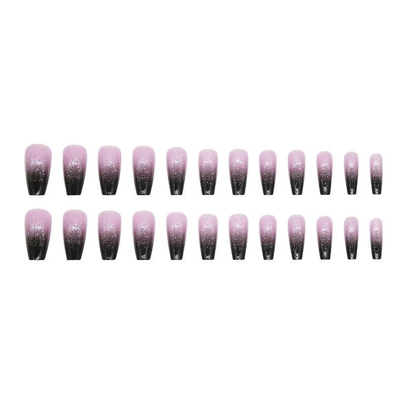 24pcs Galaxy Star Gradient Black Purple Nail Art Glitter Long Press on Nails with Charms Summer Korean Coffin False Nails Girls