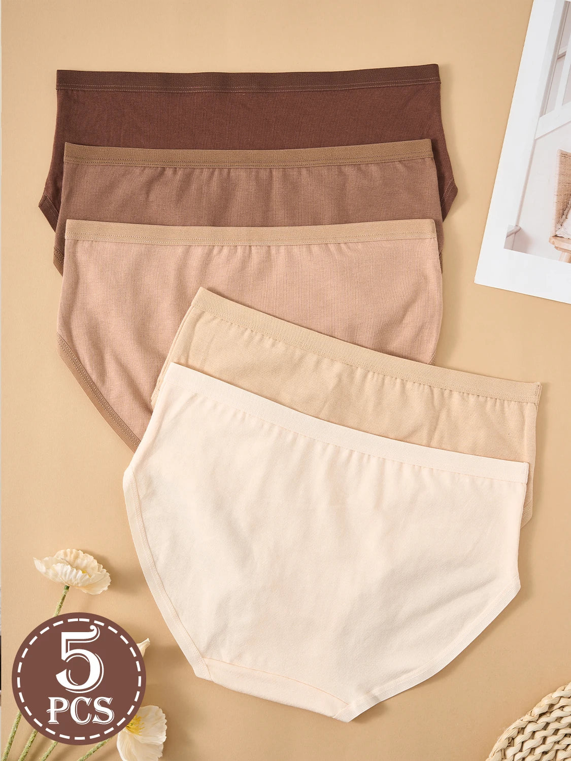 5PCS Maillard Color Pure Cotton Women's Underwear Solid Color Comfortable Panties Girls Low-Rise Briefs Casual Daily Wear
