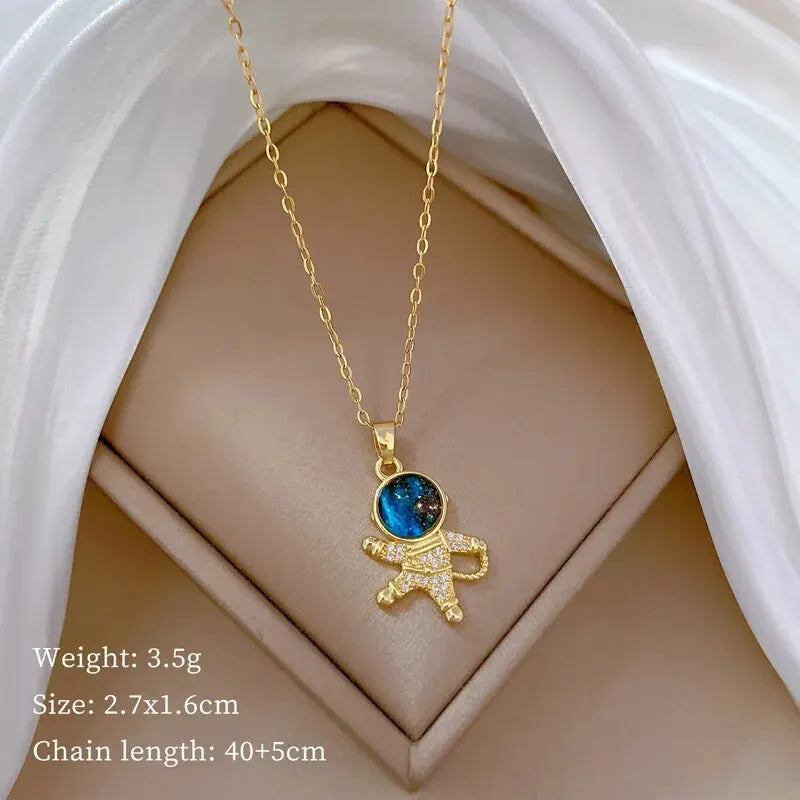 Light Luxury Titanium Steel Star Series Necklace for Women Gold Color Planet Moon Astronaut Pendant Necklaces Jewelry Gifts