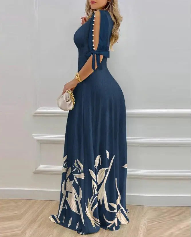 Women's V-Neck Maxi Dress – 2024 Spring/Summer Retro Style with Split Sleeves & Pearl Decor | فستان نسائي طويل بياقة V لربيع/صيف 2024 – تصميم كلاسيكي بأكمام مشقوقة وتزيين لؤلؤي