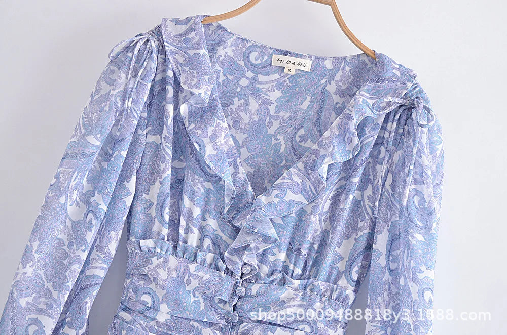 Boho Chic Floral Print Ruffle Mini Dress Women's Long Puff Sleeve V Neck Slim Fit A-line Party Dresses New Female Club Vestidos