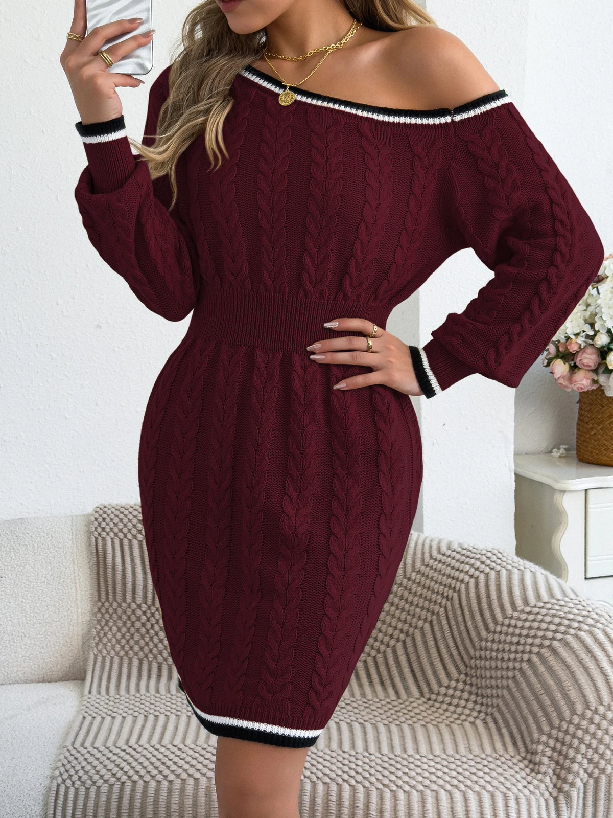 Elegant Women Sweater Dresses for Autumn Winter Casual Off Shoulder Long Sleeve Stripe Waist Cinching Twist Knit Bodycon Dress