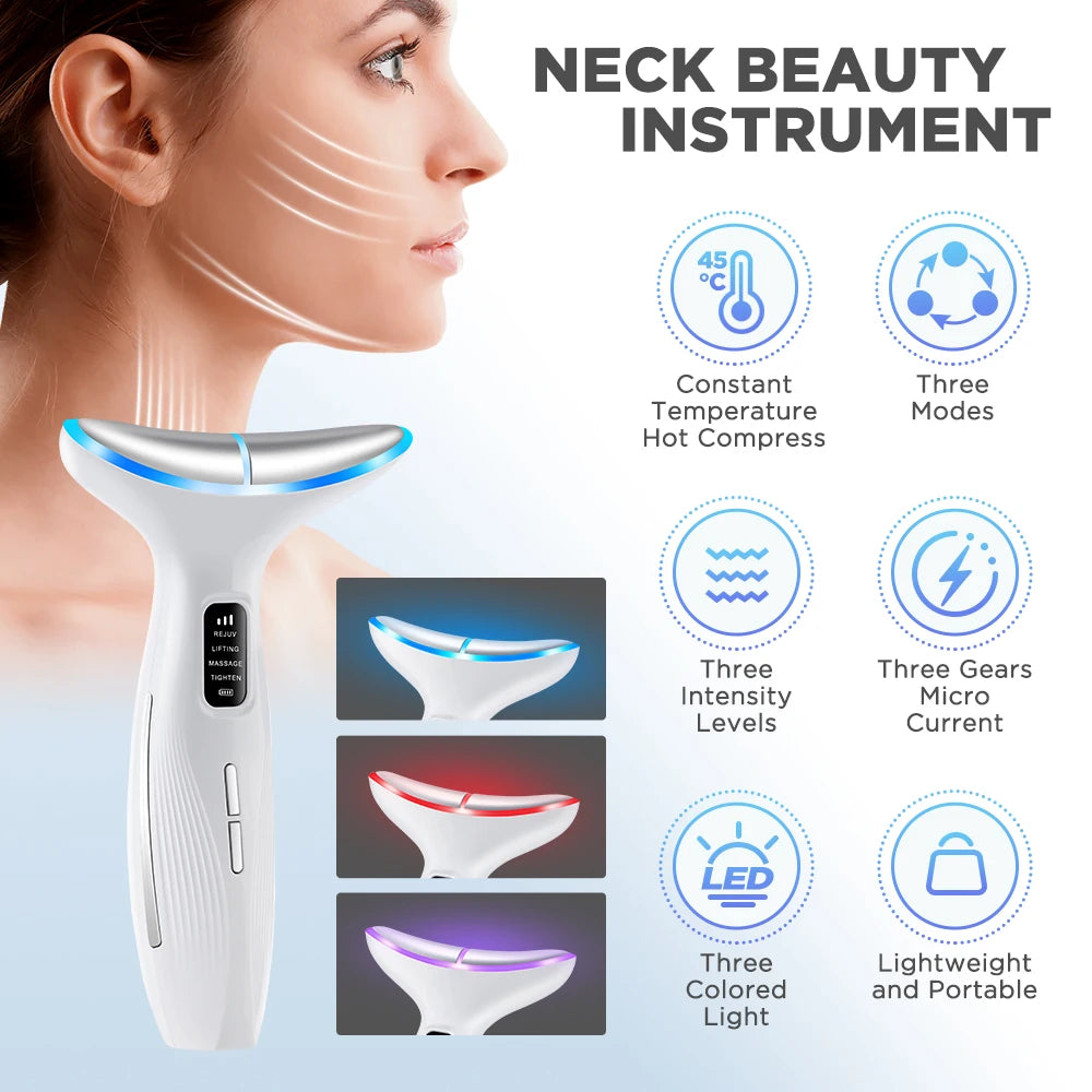 3 Color LED Face Neck Massager Beauty Device 3 Modes 3 Levels Home Use Vibration Lifting Anti Aging Improve Neck Lines Skin Care