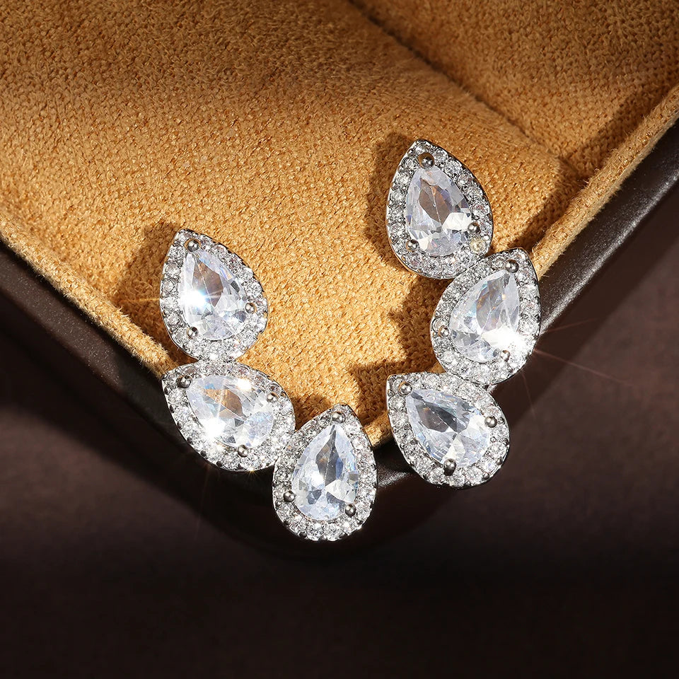 ZAKOL Luxury Shiny Zircon Leaf Stud Earrings For Women Exquisite Crystal Water Drop Ear Cuff Wrap Earring Wedding Jewelry