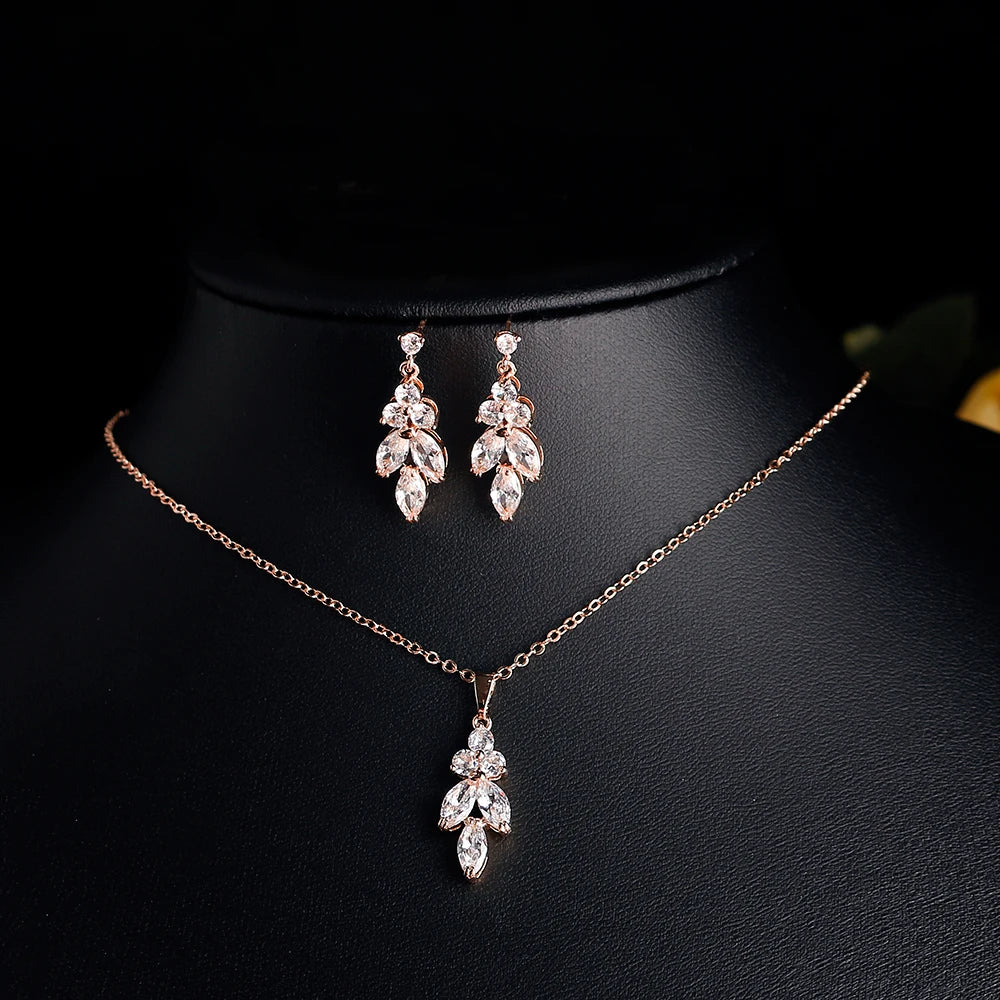 ZAKOL Classic AAA Cubic Zirconia Leaf Dangle Earrings&Necklace Set Sliver/Gold/Rose Gold Color Wedding Party Jewelry Accessories