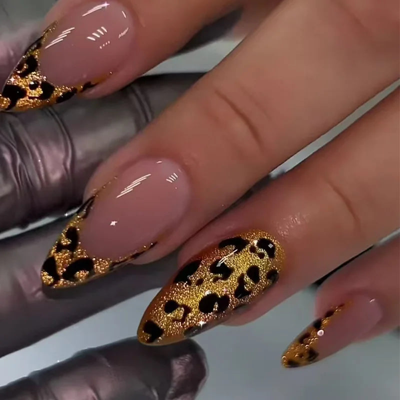 24Pcs Brown Leopard Print Pattern False Nails Press on Long Stiletto Acrylic Manicure Detachable Spice Cool Nails Set for Women