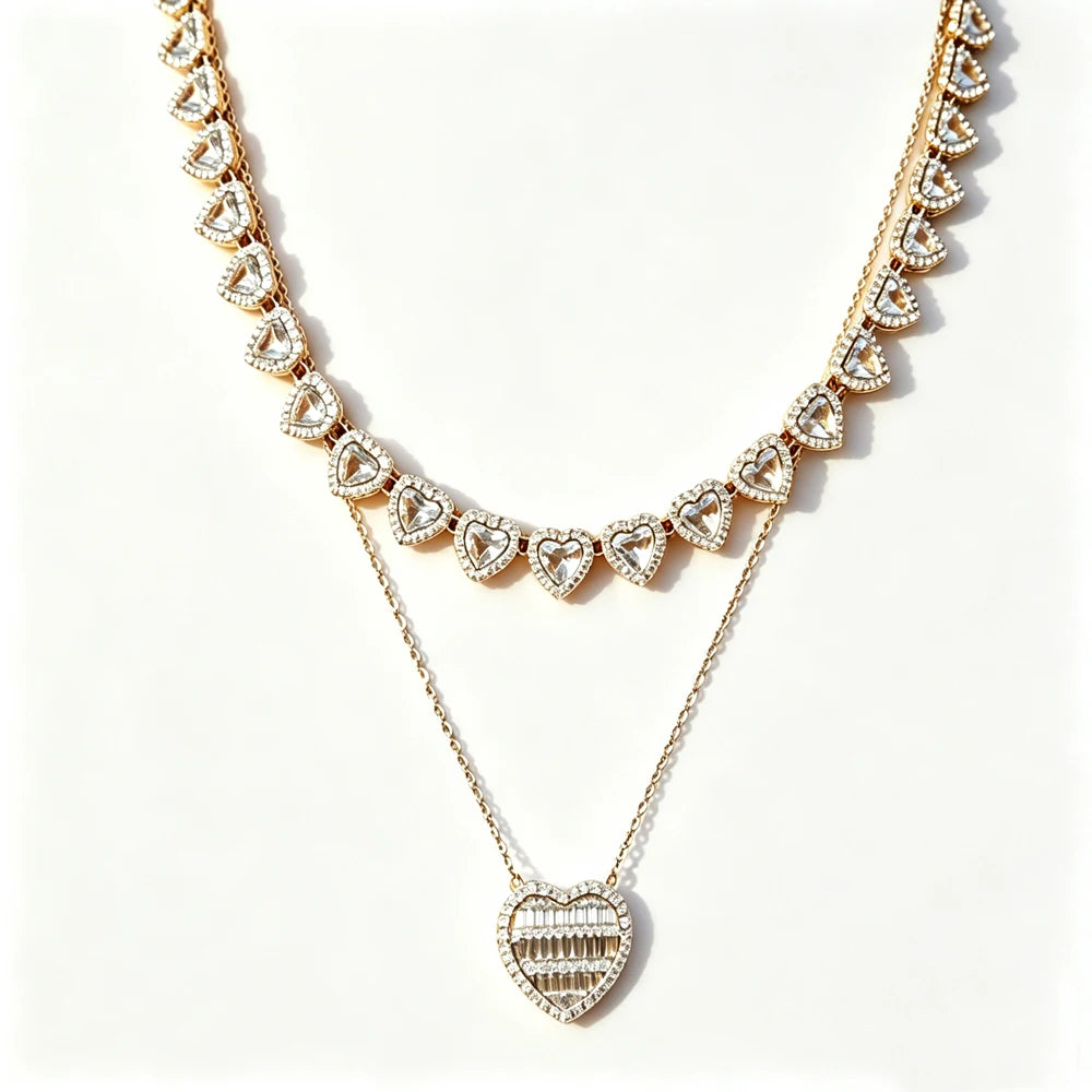 ZAKOL 2pcs/set 45CM Shiny Heart Rhinestone Hop Tennis Chain Stacked Necklace Unisex Fashion Goth Rock Hippie Choker Jewelry