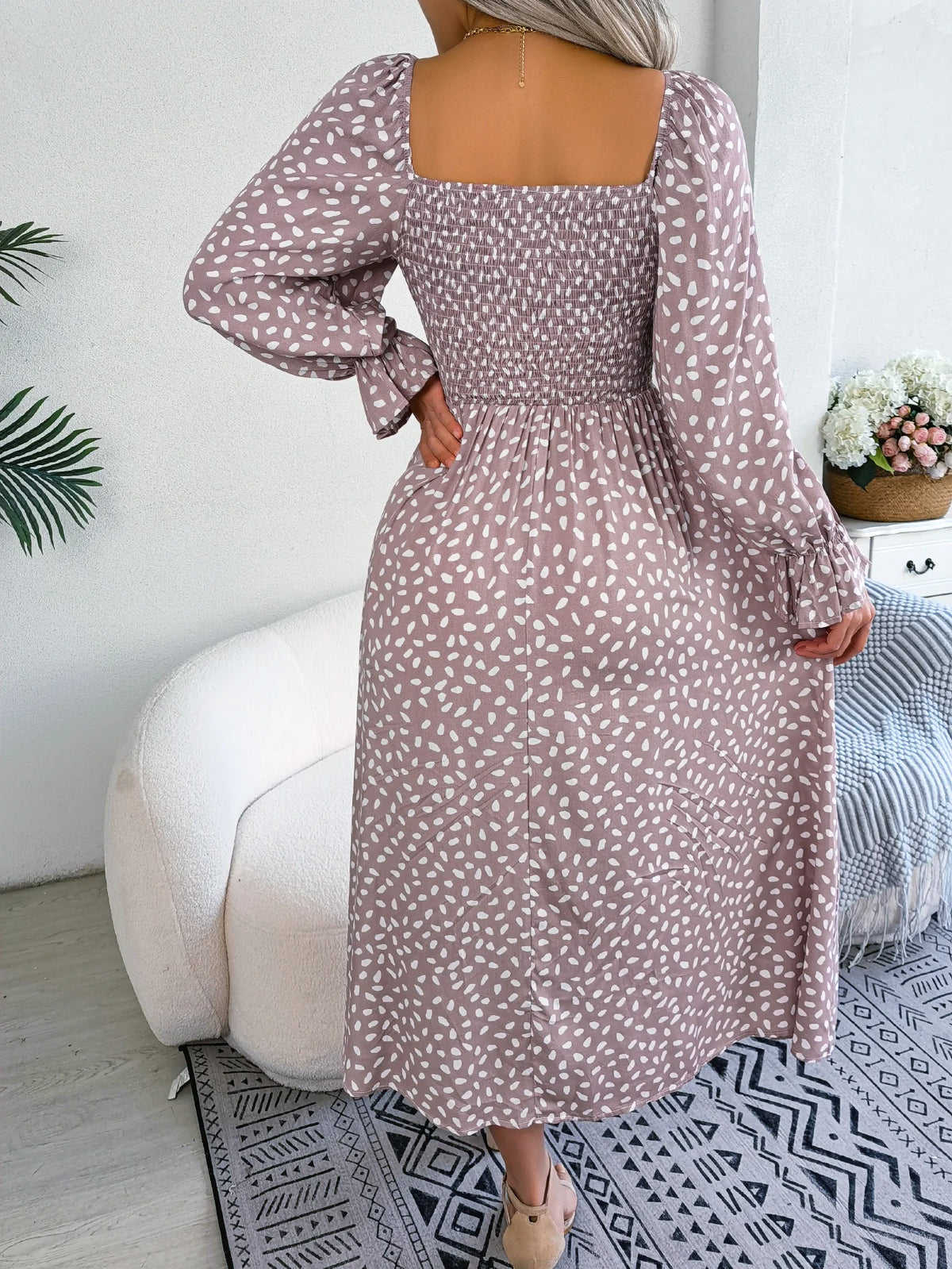Spring Autumn Women's Elegant Polka Dot Square Neck Flare Long Sleeve Slim Waist Floral Dress Yellow Pink Red Woman Clothing
