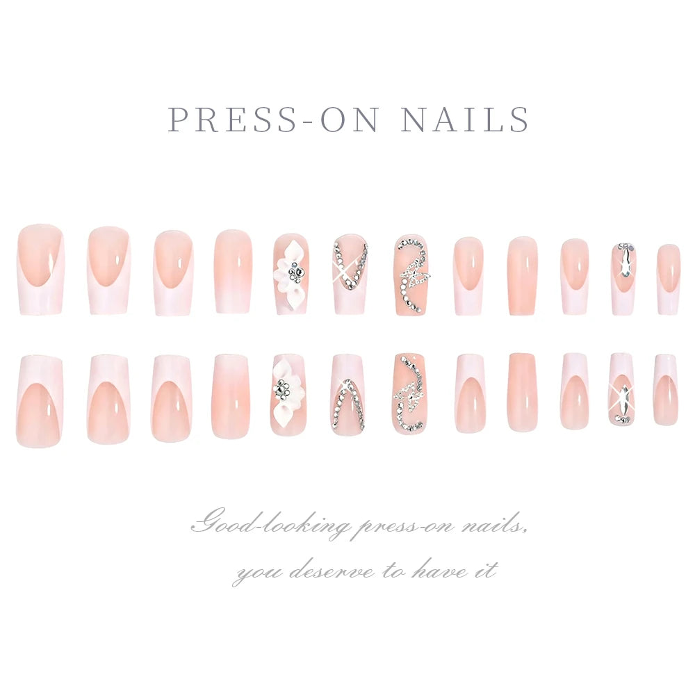 24Pcs Long Coffin French False Nails with Flower Butterfly Design Acrylic Full Cover Fake Nails Tips for Women Press On Nails