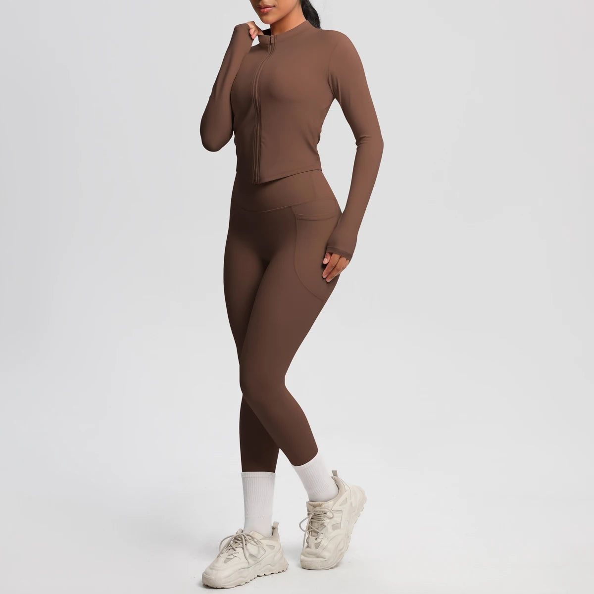 2PCS Yoga Suit Women Gym Set Leggings With Pocketed Women Tracksuit Running Zipper Workout Sportswear Long Sleeve Sports Shirt