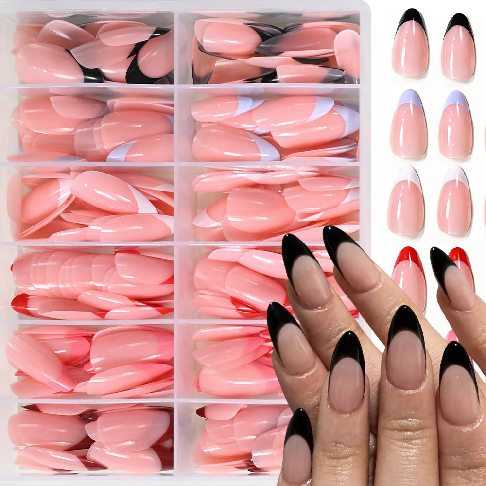 288Pcs Colorful Medium Almond French False Nails Red/Green/Pink/Purple Full Cover Fake Nails Tips Extension Women Press on Nails