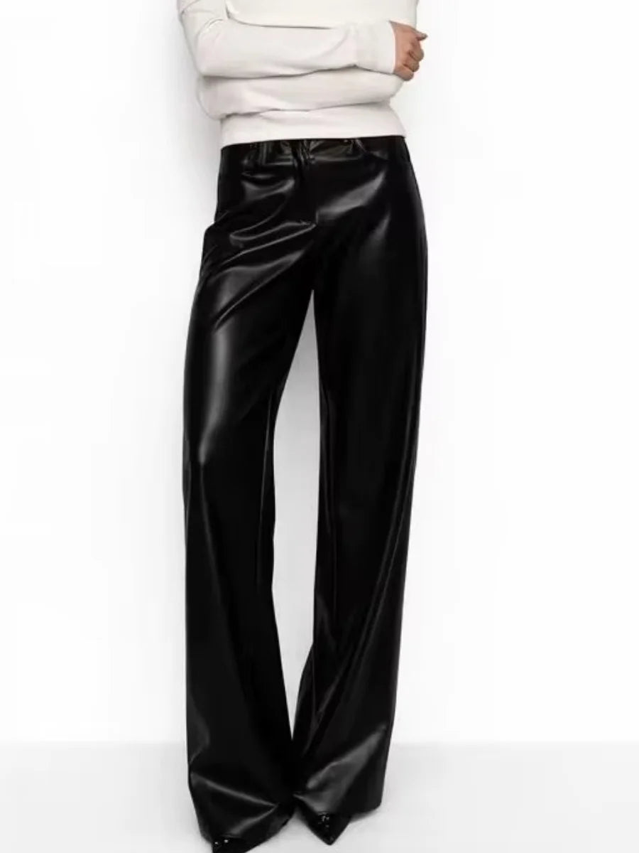 Vintage Ultra-soft PU Leather Pants High Waist Wide Leg Drape Straight-leg Slim Fit Pants 2026 Autumn Winter Streetwear