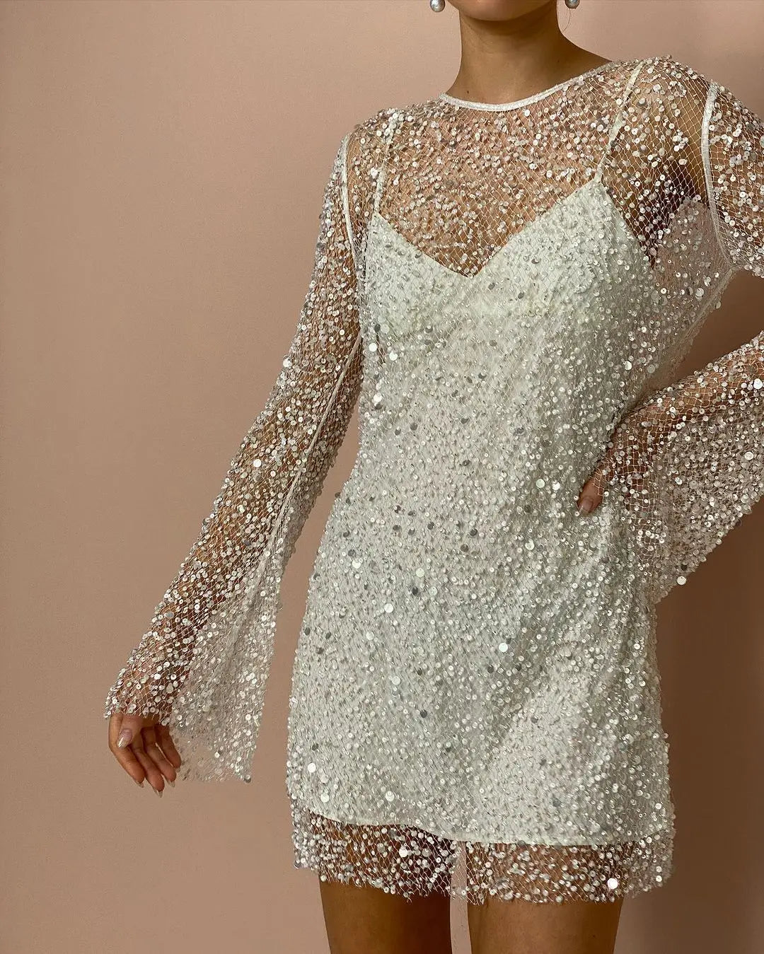 BKLD Christmas Women Sexy Sling Dress And Beading Long Sleeve Cover-Ups 2 Pieces Mini Dress Nightclub Party Wedding Outfits