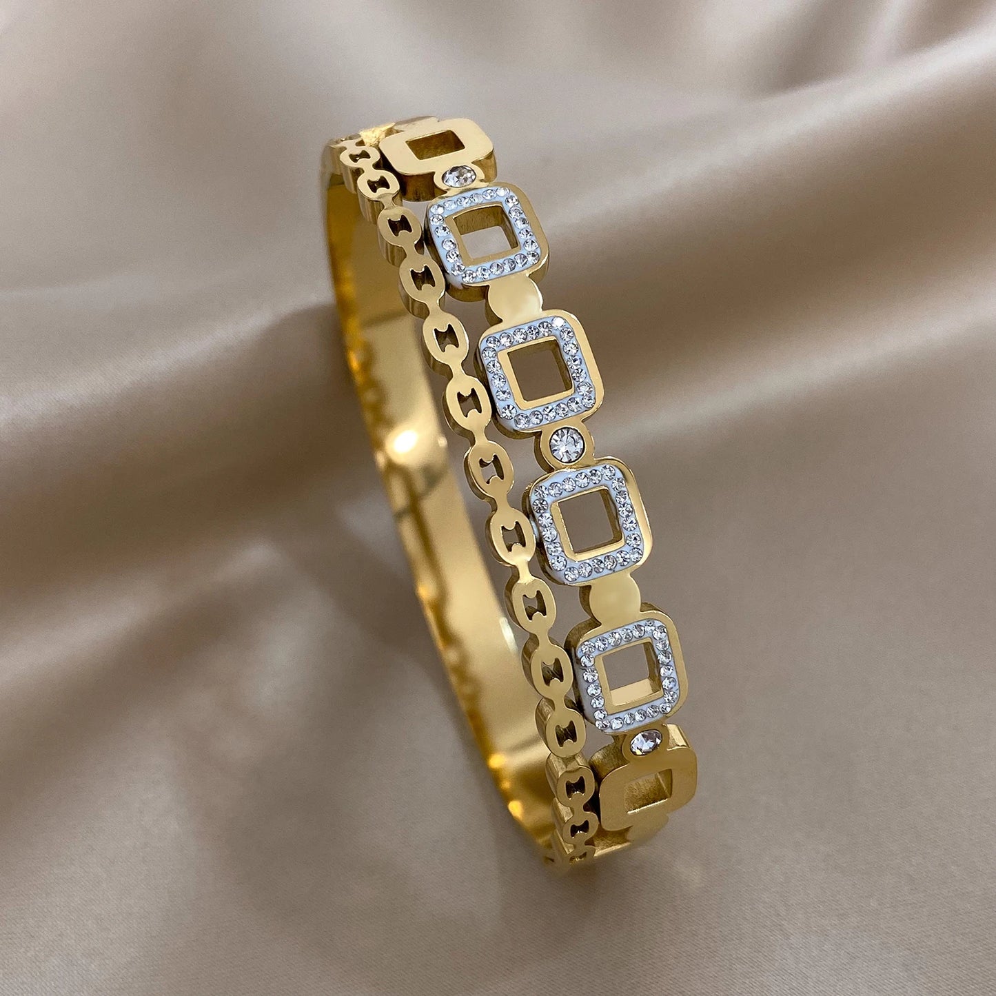 Flashbuy New Design Cubic Zircon Stainless Steel Bangles Bracelets for Women Geometric Gold Color Waterproof Fashion Jewelry