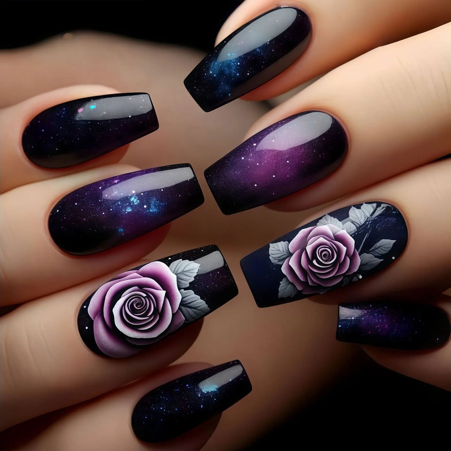 24Pcs Solid Black Short False Nails with Rose Pattern Design Ballerina Square Artificial Full Cover Press on Nail Tips for Girls