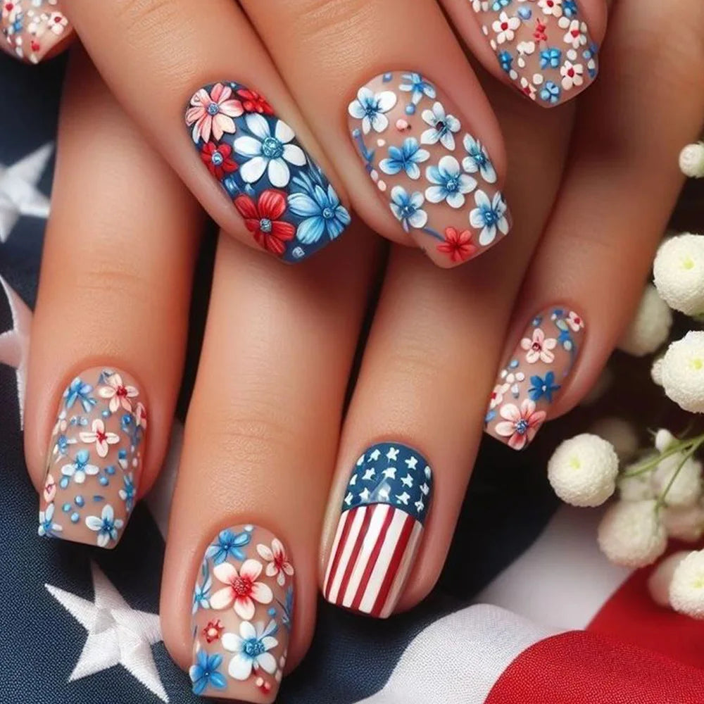 24Pcs Mid-length Ballet Fake Nail Full Cover Yellow Cute Bee Design Art with Glue Wearable French Colorful Flowers Manicure Tips